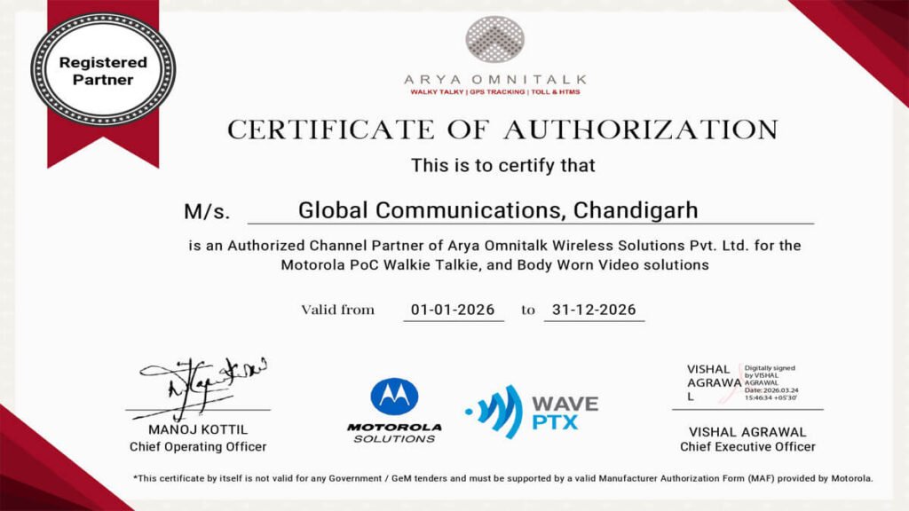 motorola authorized dealer certificate for global communication services
